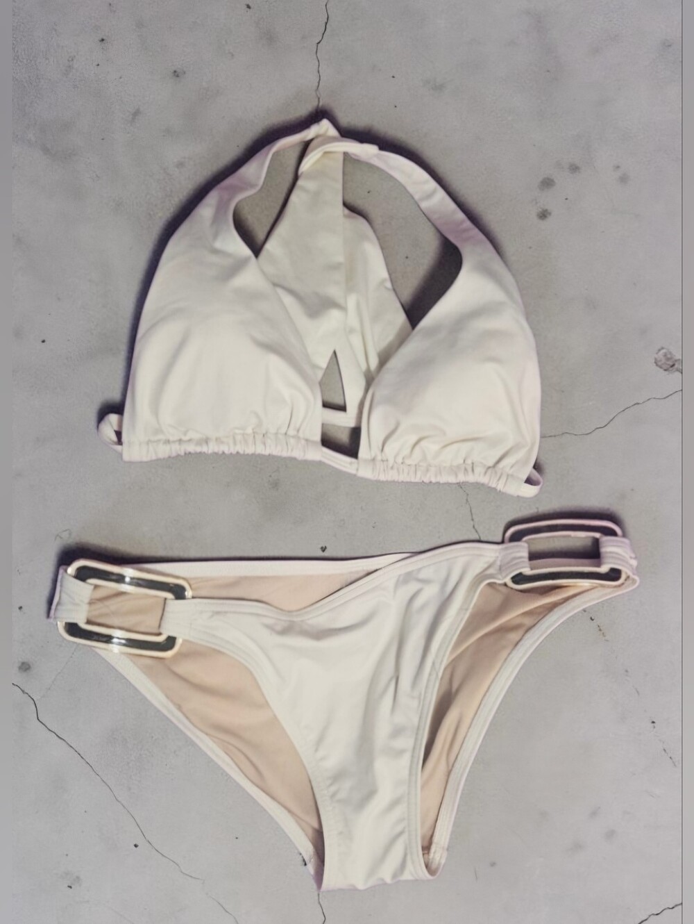 Victoria Secret Women's White Halter Bikini Set with Buckle Accents Top-S Bot-M